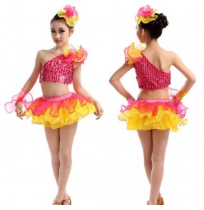Hot pink fuchsia yellow patchwork sequined girls kids children modern dance performance jazz dance school play dance outfits costumes